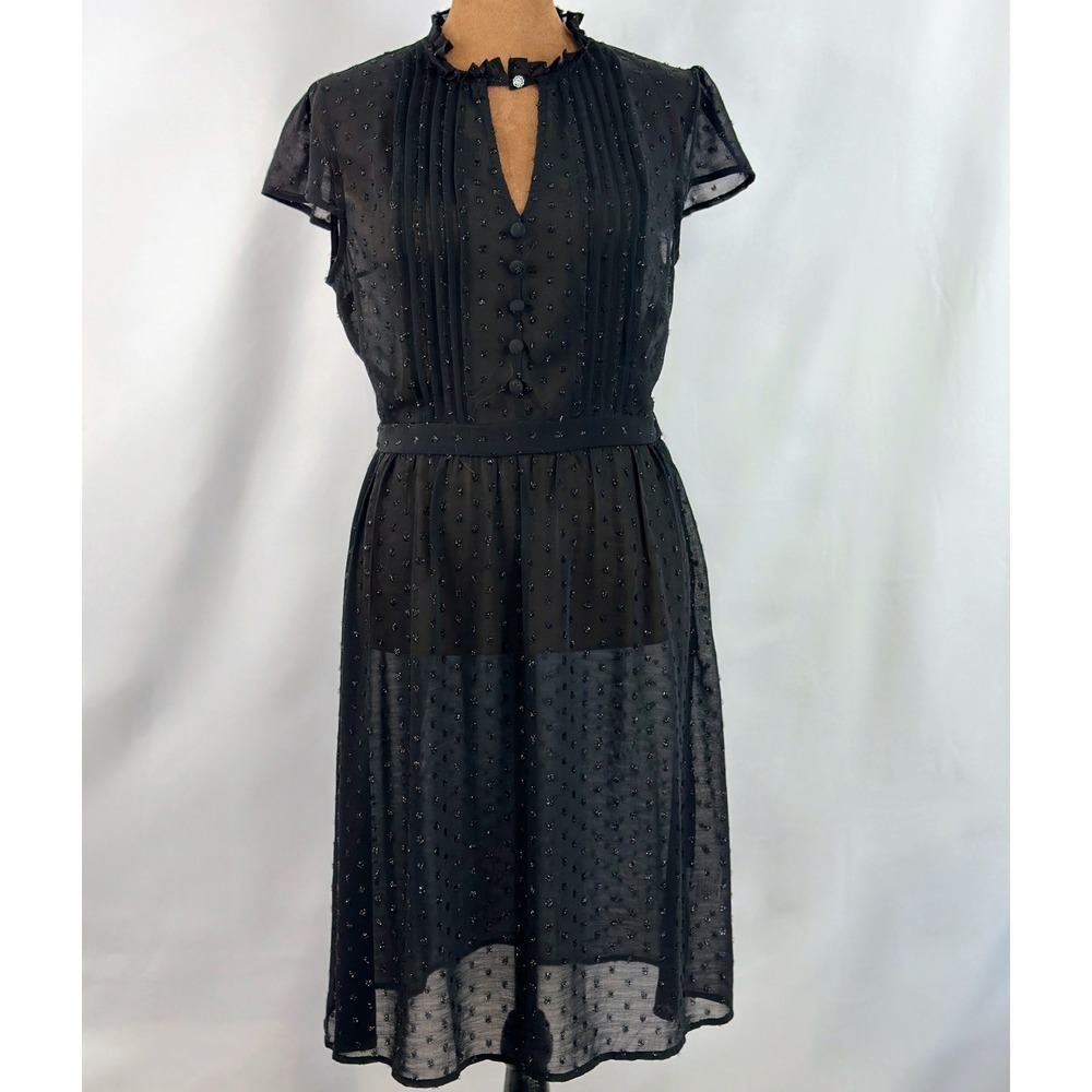 ModCloth Dress Womens S Black Excellent Swiss Dot Metallic Pintuck Pleat‎ Midi